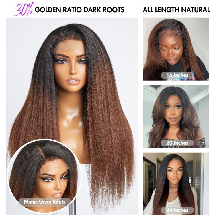 4C Edges | Kinky Edges Black to Brown Ombre Kinky Straight 5x5 Closure Lace Glueless Side Part Long Wig