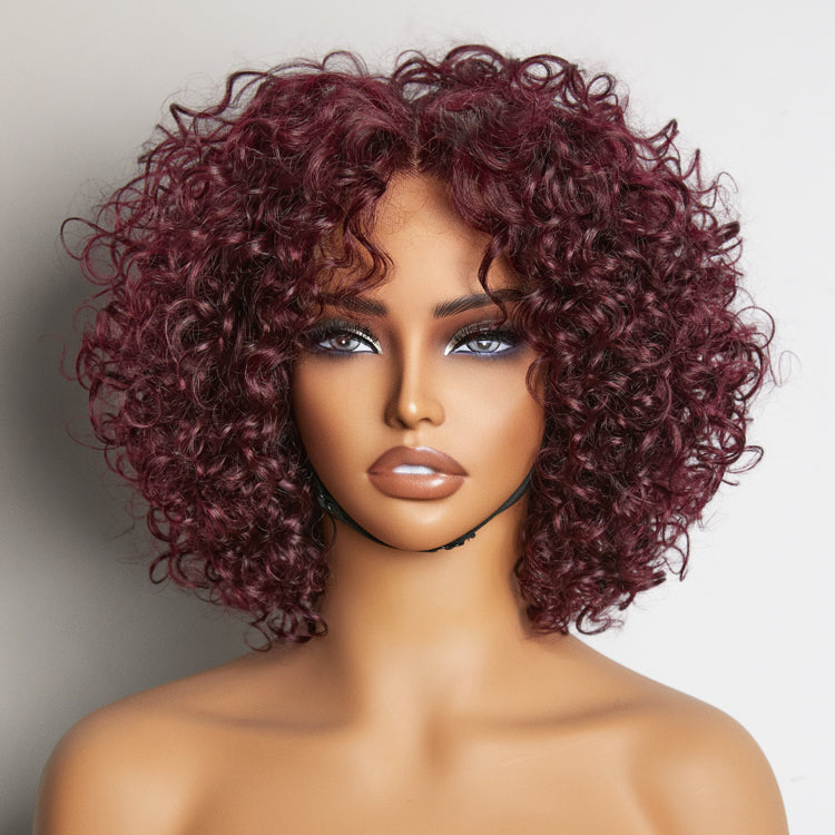 Trendy Burgundy Curly Bob Glueless Minimalist Lace T Part Wig 100% Human Hair