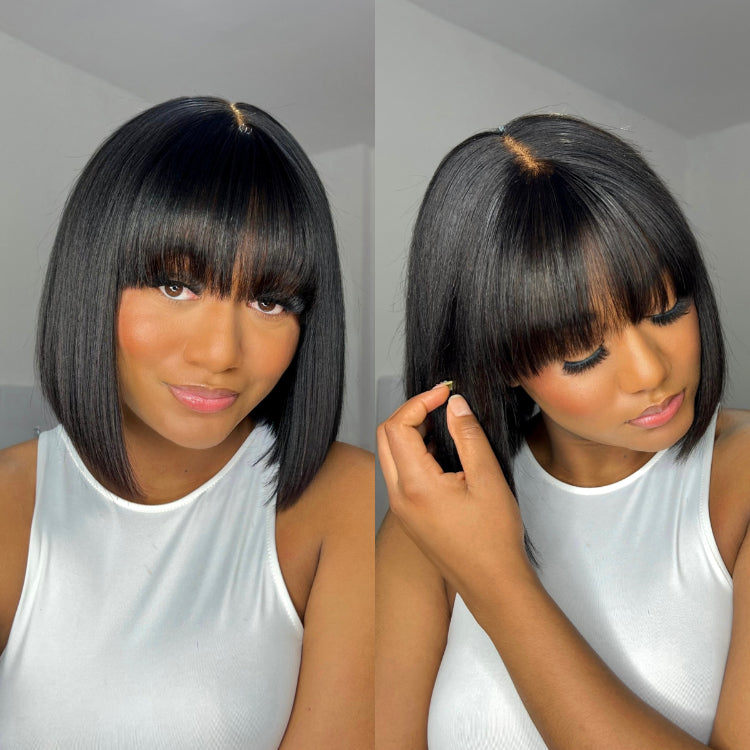 Exclusive Discount Offer | Put On and Go Realistic Glueless Yaki Straight Bob with Bangs Minimalist Lace Wig 100% Human Hair