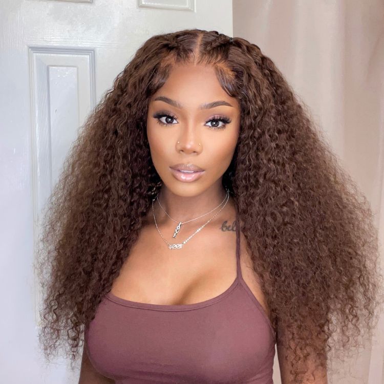 Light Chocolate Brown Kinky Curly Glueless 5x5 Closure Long Wig 100% Human Hair