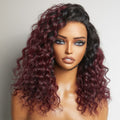 Pre-plucked Ombre Dark Burgundy 99J Water Wave Ear-to-ear Glueless 13x4 Frontal HD Lace Wig