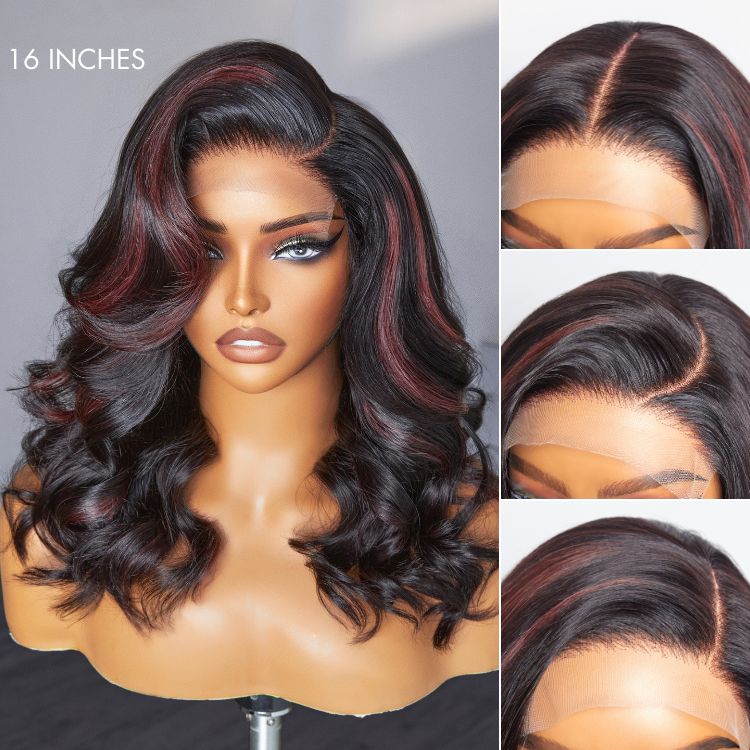 Dark Red Highlights C Part Loose Wave  Glueless 5x5 Closure Lace Wig Ready to Go