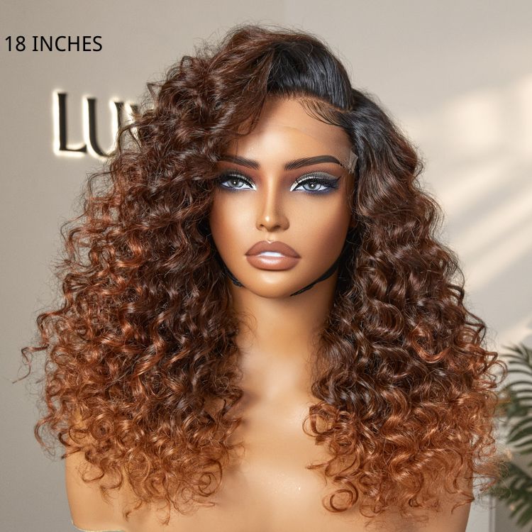 Parting Max Glueless Wig Ombre Copper Brown / Natural Black Water Wave 7x6 Closure HD Lace Wig