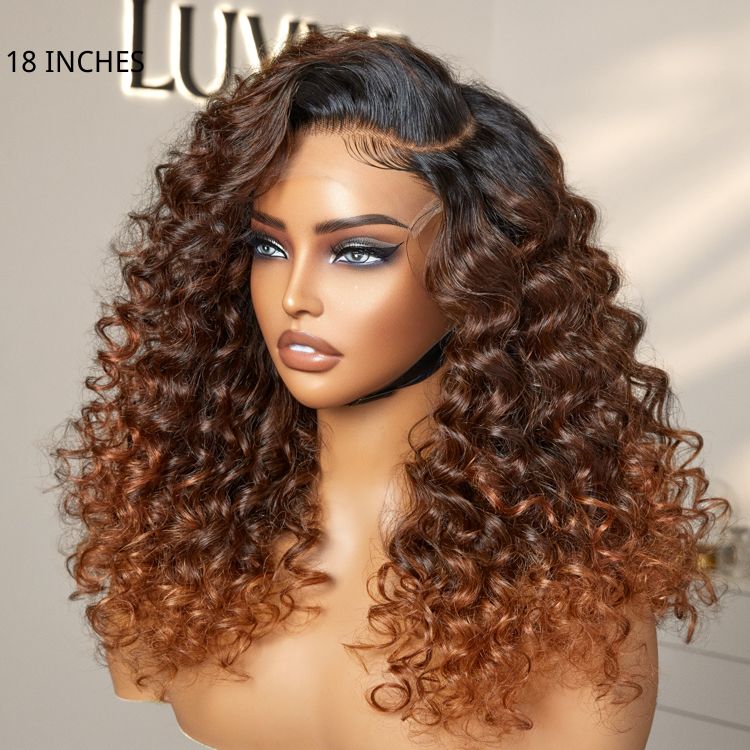 Parting Max Glueless Wig Ombre Copper Brown / Natural Black Water Wave 7x6 Closure HD Lace Wig