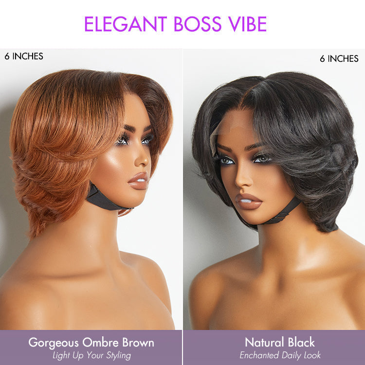 1 SEC INSTALL WIG | Elegant Boss Vibe Short Pixie Cut Natural Black / Ombre Brown Glueless Minimalist HD Lace Wig Ready to Go