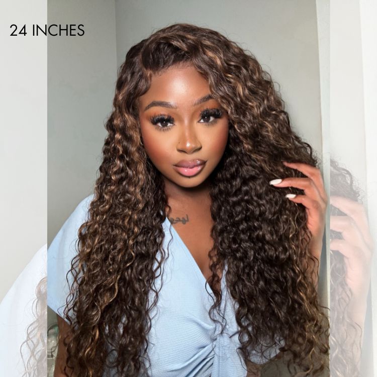 Parting Max Glueless Wig Chestnut Brown Highlights Funmi Curly 7x6 Closure HD Lace Wig Breathable Cap