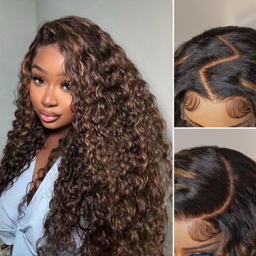 Parting Max Glueless Wig Chestnut Brown Highlights Funmi Curly 7x6 Closure HD Lace Wig Breathable Cap