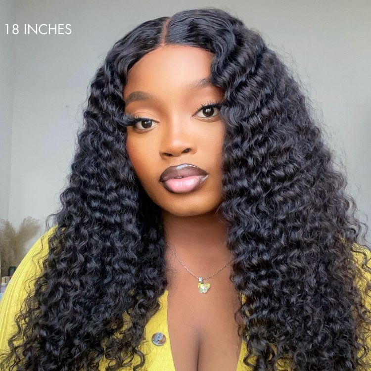 Deep Wave 4x4 Closure Lace Glueless Mid Part Long Wig 100% Human Hair