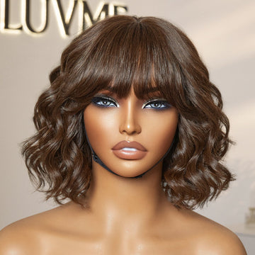 Beginner Friendly Brown Loose Wave Glueless Minimalist Lace Short Wig with Bangs Ready to Go