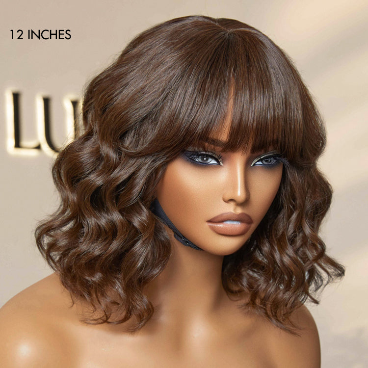 Beginner Friendly Brown Loose Wave Glueless Minimalist Lace Short Wig with Bangs Ready to Go