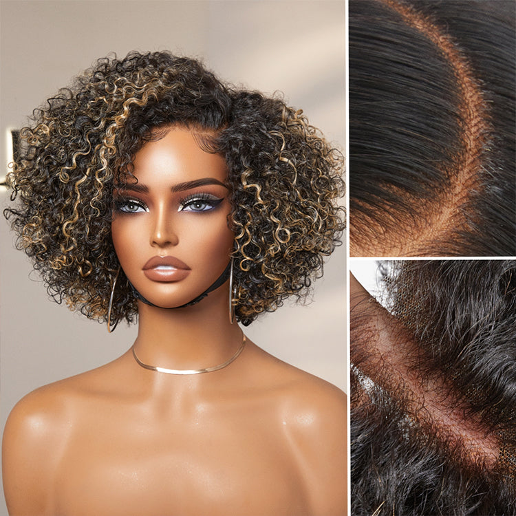 1 SEC INSTALL WIG | Honey Blonde Highlight Kinky Curly Glueless Minimalist HD Lace Classic Short Wig