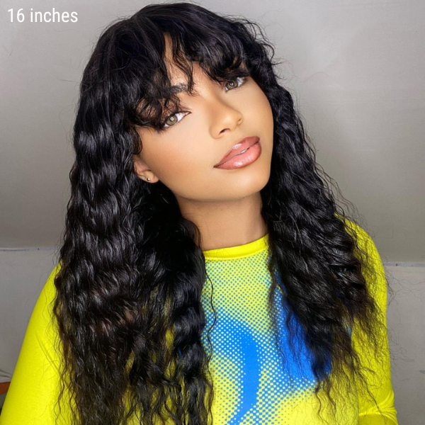 Boho-Chic | Romantic Bohemian Curly Minimalist Lace Glueless Long Wig with Cute Bangs 100% Human Hair