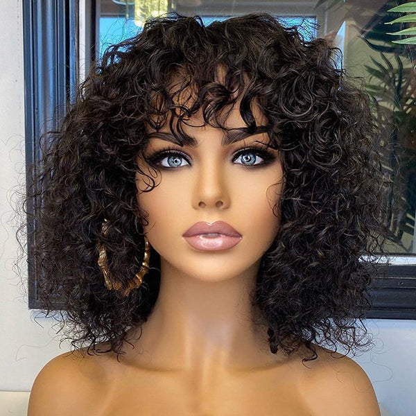 Natural Short Curly Human Hair Wig Top Lace Fringe Wig With Bangs