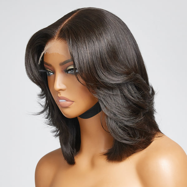 Limited Design | Natural Black Handcraft Layered 5x5 Closure HD Lace Glueless Short Wig 100% Human Hair