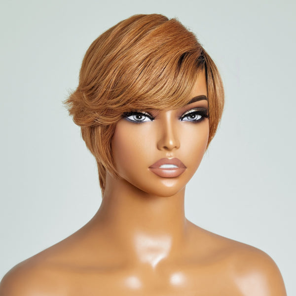 Mature Boss Vibe Honey Blonde Pixie Cut No Lace Short Glueless Wig With Bangs 100% Human Hair