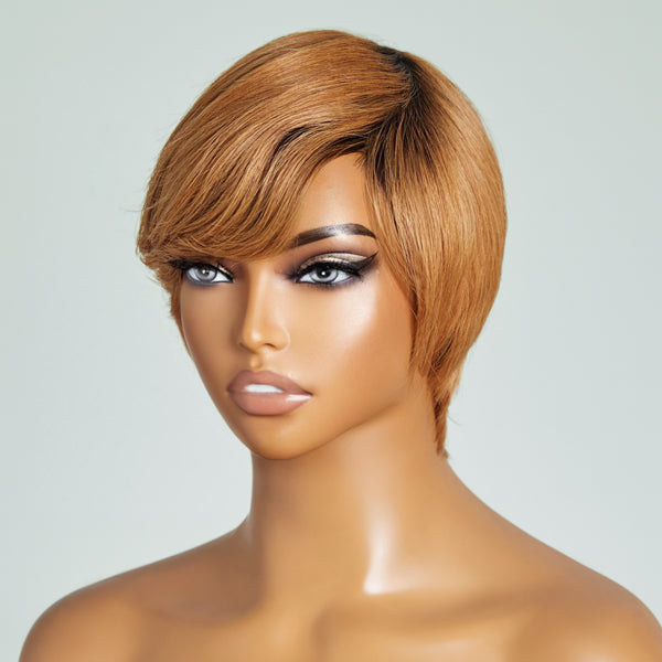 Mature Boss Vibe Honey Blonde Pixie Cut No Lace Short Glueless Wig With Bangs 100% Human Hair