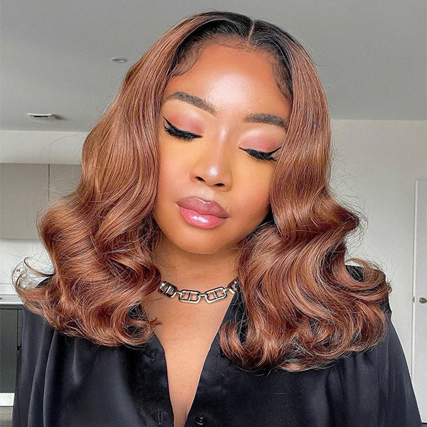 Ombre Brown Loose Wave 4x4 Closure Lace Glueless Mid Part Long Wig 100% Human Hair