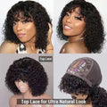 Natural Short Curly Human Hair Wig Top Lace Fringe Wig With Bangs