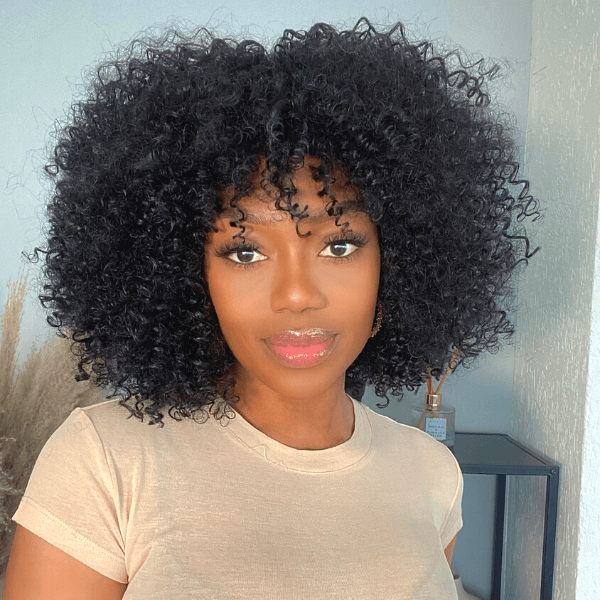 Natural Short Curly Human Hair Wig Top Lace Fringe Wig With Bangs