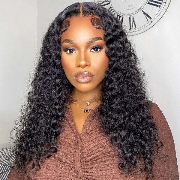 Leisure Style Water Wave 4x4 Closure Lace Glueless Mid Part Long Wig 100% Human Hair