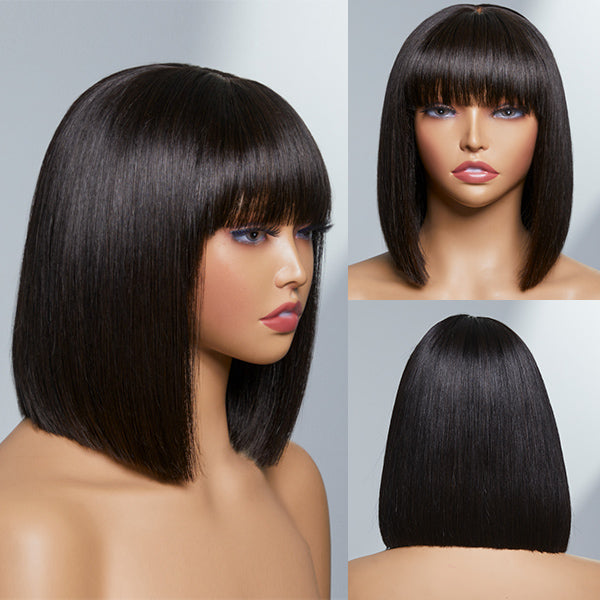 Upgraded Silky Straight Glueless Minimalist Lace Bob Wig with Bangs 100% Human Hair