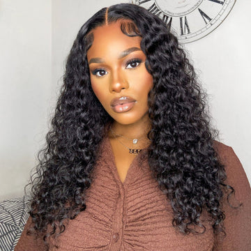 Leisure Style Water Wave 4x4 Closure Lace Glueless Mid Part Long Wig 100% Human Hair