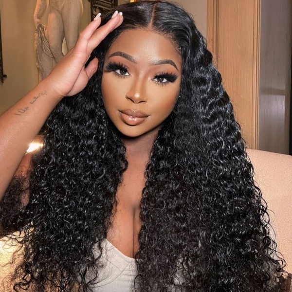 200% Density Natural Black Water Wave 5x5 Closure HD Lace Glueless Mid Part Long Wig 100% Human Hair