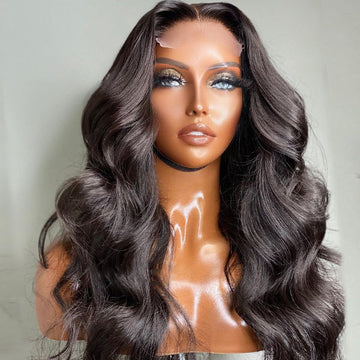 Points Rewards | Super Easy Natural Black Body Wave 4x4 Closure Lace Glueless Mid Part Long Wig 100% Human Hair