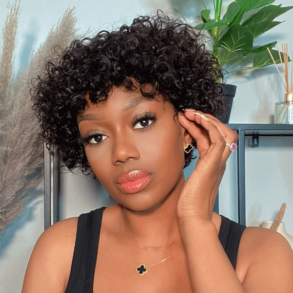 Deep Curly Wig Natural Lightweight Bouncy Short Curly Wig 100% Human Hair Wig With Bangs