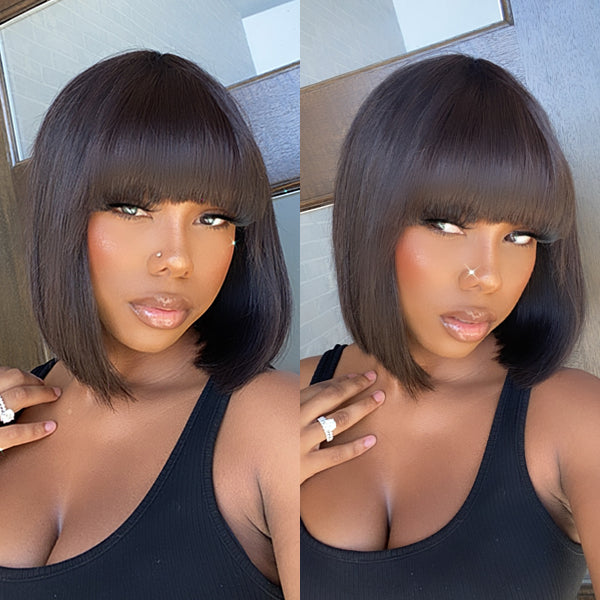 Upgraded Silky Straight Glueless Minimalist Lace Bob Wig with Bangs 100% Human Hair