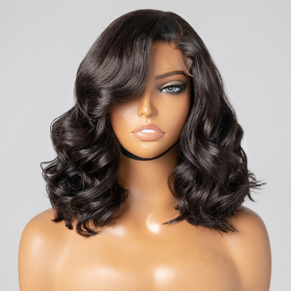 Elegant Natural Black Wavy Minimalist HD Lace Glueless C Part Short Wig 100% Human Hair