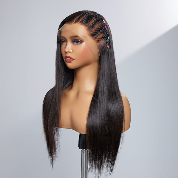 Flash Sale | Natural Black Left Side Braids Straight Glueless 13x4 Frontal HD Lace Long Wig 100% Human Hair