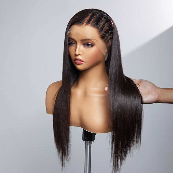 Limited Design | Natural Black Left Side Braids Straight Glueless 13x4 Frontal HD Lace Long Wig 100% Human Hair