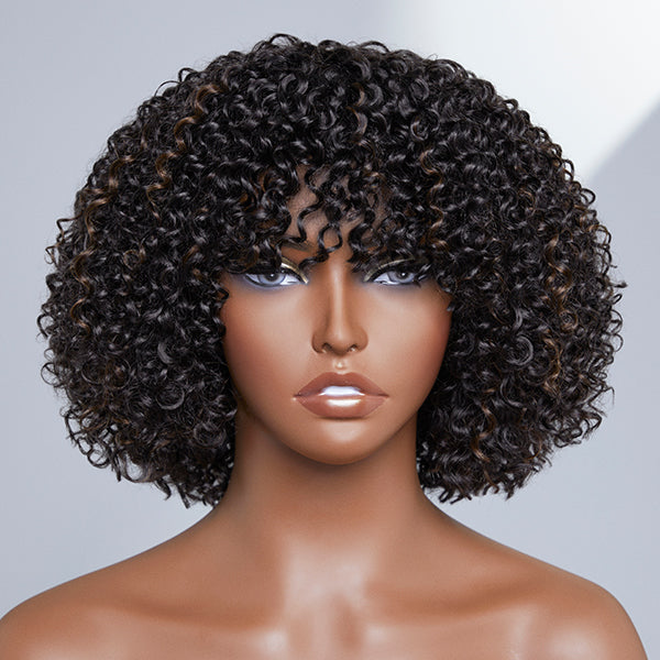 Throw On & Go Fluffy Jerry Curl Glueless Wig With Bangs