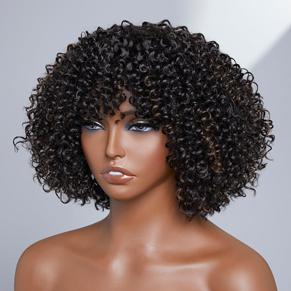 Throw On & Go Fluffy Jerry Curl Glueless Wig With Bangs