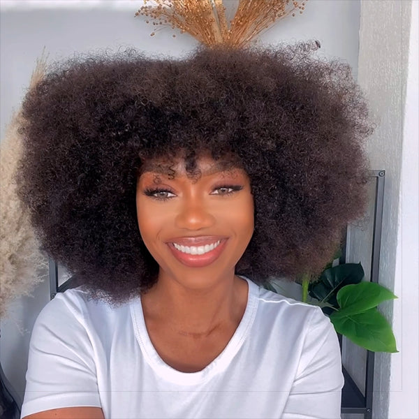 Throw On & Go Jerry Curly No Lace Glueless Short Wig with Bangs 100% Human Hair