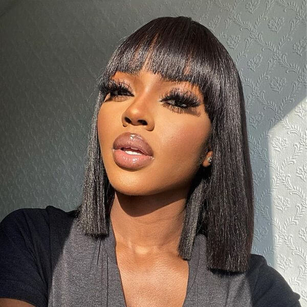 Realistic Yaki Bob Wig Straight Undetectable Lace Bob Wig With Bangs For Black Women