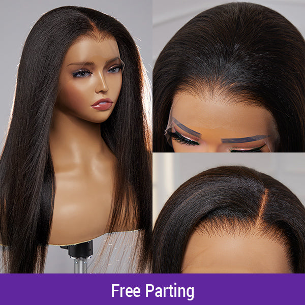 Natural Hairline Yaki Straight Glueless 13x4 Frontal Undetectable HD Lace Long Wig 100% Human Hair