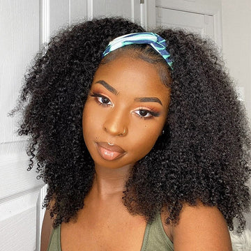 Natural Black Jerry Curly No Lace Glueless Free Part Long Headband Wig 100% Human Hair (Get Free Trendy Headbands)