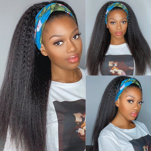 Put On & Go Glueless Kinky Straight Headband Long Wig 100% Human Hair (Get Free Trendy Headbands)