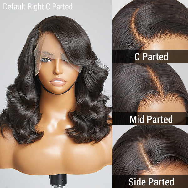 Layered Body Wave with Bangs 5x5 Closure Lace Glueless C Part Long Wig 100% Human Hair